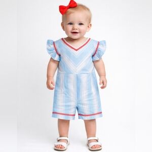 Janie and Jack Blue White Coral Jumpsuit & Bow